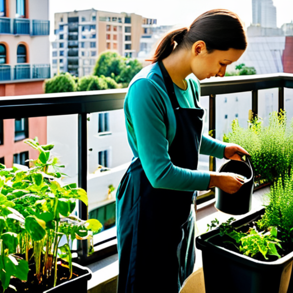A serene adult female urban gardener, fully clothed in modest, practical attire, gently tending to vibrant plants on a sunlit apartment balcony. The balcony is transformed into a lush, productive edible patch with various herbs, leafy greens, and cherry tomato plants in sturdy containers and vertical planters. A watering can and small trowel are visible nearby. In the blurred background, a modern city skyline suggests the urban setting. Natural light, professional photography, high detail, rich colors, safe for work, appropriate content, fully clothed, modest clothing, family-friendly, perfect anatomy, correct proportions, natural pose, well-formed hands, proper finger count, natural body proportions.
