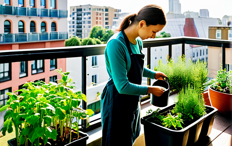 A serene adult female urban gardener, fully clothed in modest, practical attire, gently tending to vibrant plants on a sunlit apartment balcony. The balcony is transformed into a lush, productive edible patch with various herbs, leafy greens, and cherry tomato plants in sturdy containers and vertical planters. A watering can and small trowel are visible nearby. In the blurred background, a modern city skyline suggests the urban setting. Natural light, professional photography, high detail, rich colors, safe for work, appropriate content, fully clothed, modest clothing, family-friendly, perfect anatomy, correct proportions, natural pose, well-formed hands, proper finger count, natural body proportions.