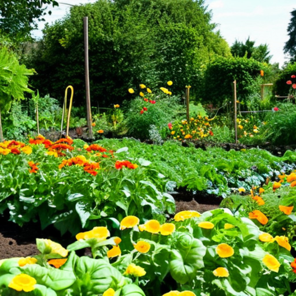 Companion Planting Success**

"A vibrant vegetable garden showcasing companion planting. Tomatoes are thriving, surrounded by healthy basil plants. Marigolds line the borders, deterring pests. Squash plants are lush and green, protected by nearby nasturtiums acting as a trap crop. Sunlight dappled through the leaves, illuminating the healthy plants. Fully clothed gardener tending the plants. safe for work, appropriate content, fully clothed, professional photography, perfect anatomy, correct proportions, natural pose, modest, family-friendly."

**