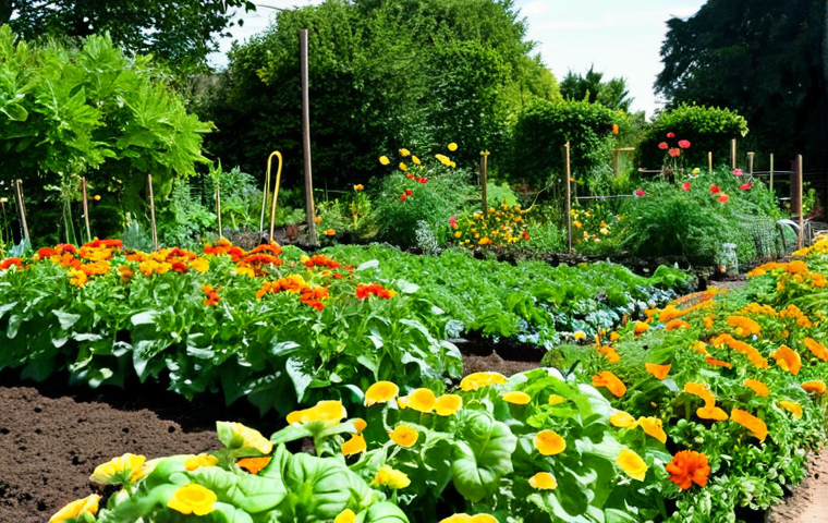 Companion Planting Success**

"A vibrant vegetable garden showcasing companion planting. Tomatoes are thriving, surrounded by healthy basil plants. Marigolds line the borders, deterring pests. Squash plants are lush and green, protected by nearby nasturtiums acting as a trap crop. Sunlight dappled through the leaves, illuminating the healthy plants. Fully clothed gardener tending the plants. safe for work, appropriate content, fully clothed, professional photography, perfect anatomy, correct proportions, natural pose, modest, family-friendly."

**