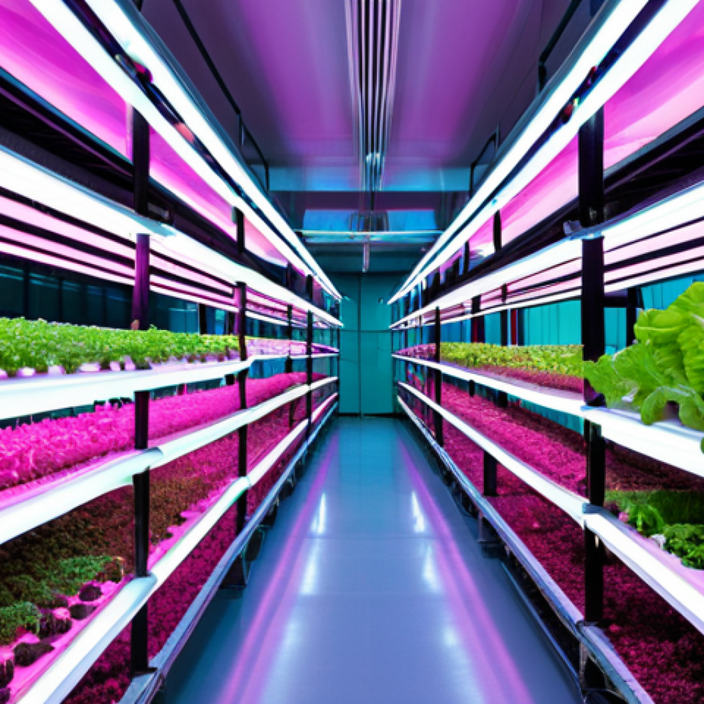 도시농업과 기후 변화 - Vertical Farm Interior**

"Inside a bright, modern vertical farm. Rows of leafy green vegetables gro...