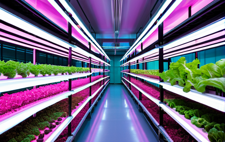 도시농업과 기후 변화 - Vertical Farm Interior**

"Inside a bright, modern vertical farm. Rows of leafy green vegetables gro...