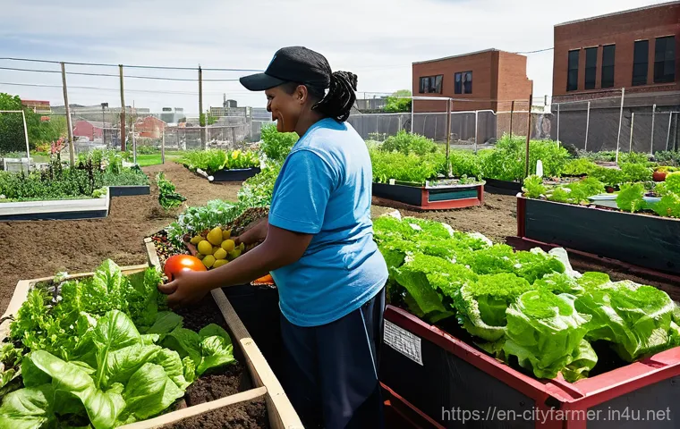 도시농업 도시환경과의 조화 - **Community Garden Transforming a Food Desert**
    "A vibrant, bustling community garden thrives in...