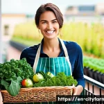 도시농업 경제적 이점 - **Prompt 1: Urban Harvest and Savings**
    "A bright, cheerful young woman in a stylish yet practic...