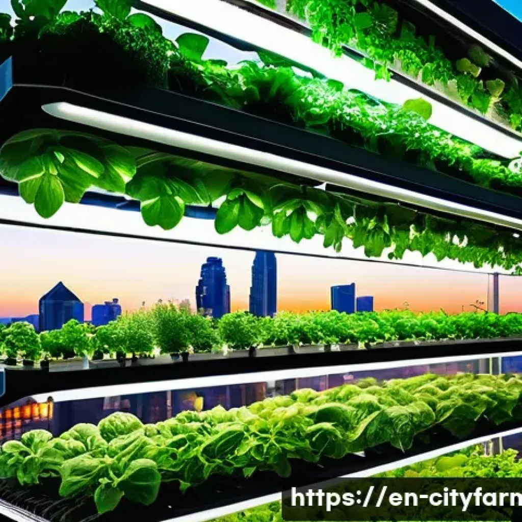 도시농업 지속 가능한 농업 - A futuristic vertical farm inside a sleek urban skyscraper with multiple stacked layers of leafy gre...