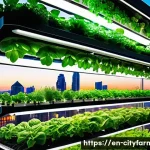 도시농업 지속 가능한 농업 - A futuristic vertical farm inside a sleek urban skyscraper with multiple stacked layers of leafy gre...