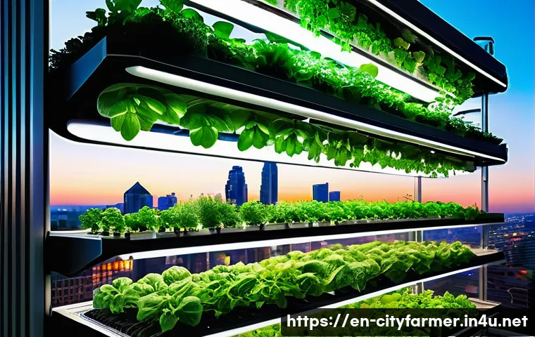 도시농업 지속 가능한 농업 - A futuristic vertical farm inside a sleek urban skyscraper with multiple stacked layers of leafy gre...
