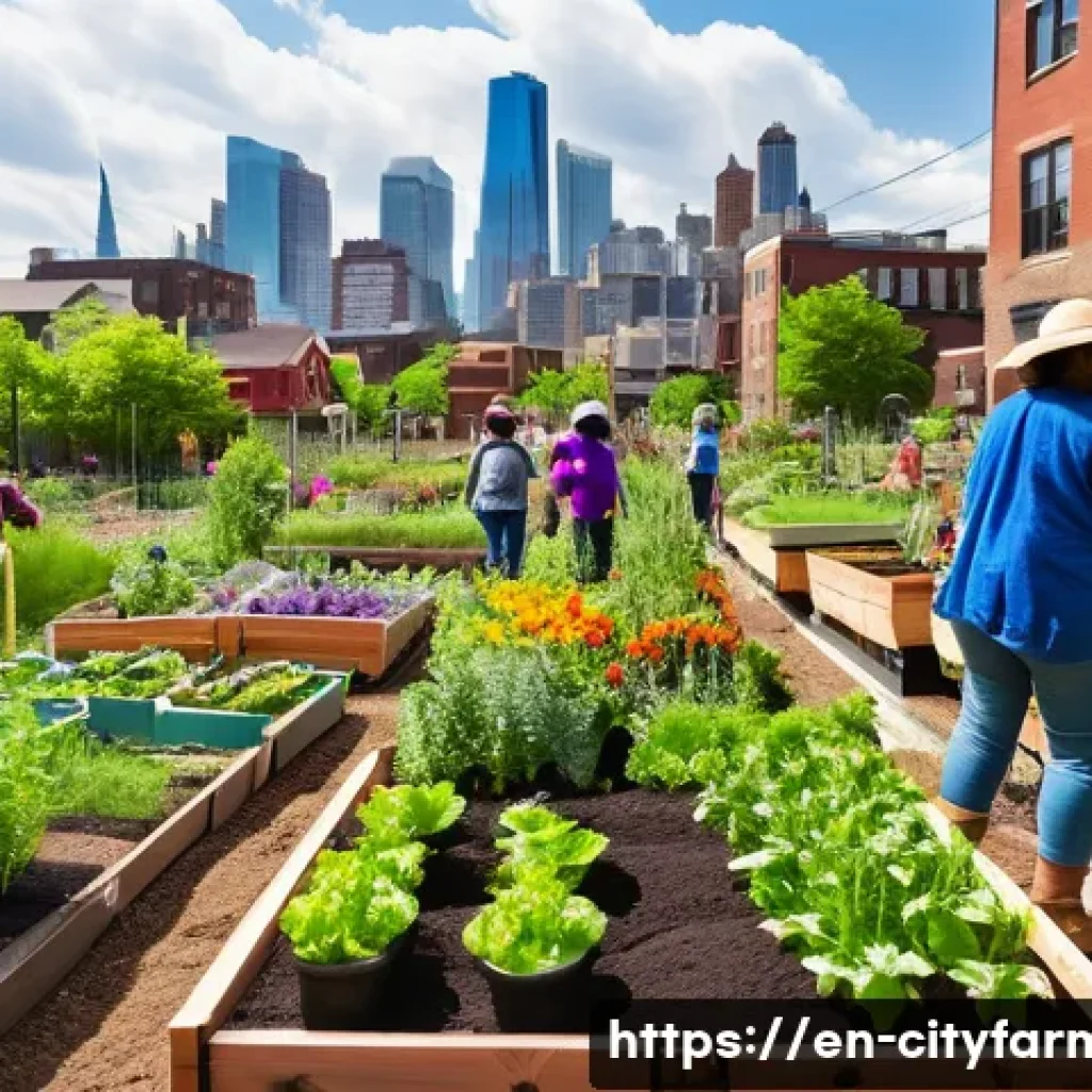 도시농업 도시 재생 프로젝트 - A vibrant community garden in an urban neighborhood during a sunny afternoon, featuring diverse grou...