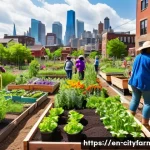 도시농업 도시 재생 프로젝트 - A vibrant community garden in an urban neighborhood during a sunny afternoon, featuring diverse grou...