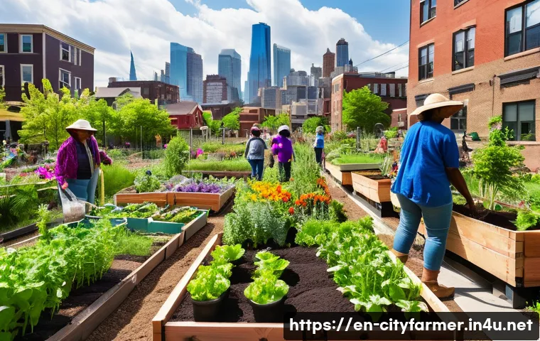 도시농업 도시 재생 프로젝트 - A vibrant community garden in an urban neighborhood during a sunny afternoon, featuring diverse grou...