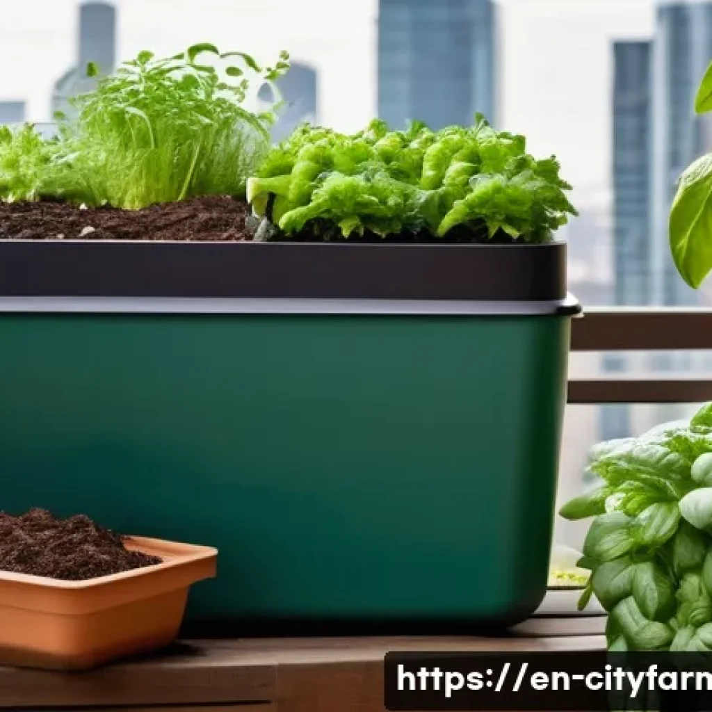 도시농업 음식물 쓰레기 처리 - A cozy urban balcony garden scene showing a compact, aerated compost bin with visible layers of vege...