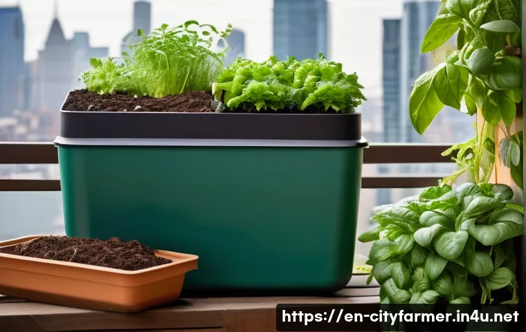 도시농업 음식물 쓰레기 처리 - A cozy urban balcony garden scene showing a compact, aerated compost bin with visible layers of vege...