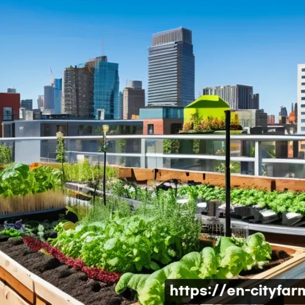 도시농업과 기술 혁신 - A vibrant urban rooftop garden on a sunny day, featuring diverse vegetable and herb plants growing i...