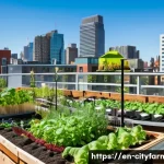 도시농업과 기술 혁신 - A vibrant urban rooftop garden on a sunny day, featuring diverse vegetable and herb plants growing i...