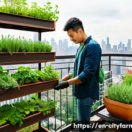 도시농업 세미나 및 워크숍 - A vibrant urban balcony transformed into a vertical garden with modular shelves stacked high with th...