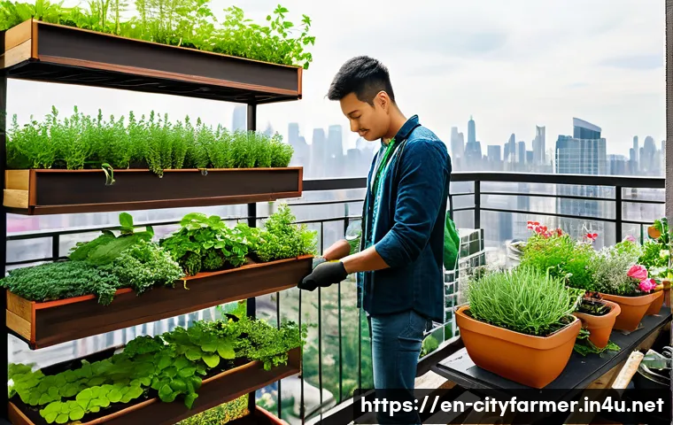 도시농업 세미나 및 워크숍 - A vibrant urban balcony transformed into a vertical garden with modular shelves stacked high with th...