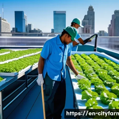 도시농업의 경제적 영향 - A vibrant urban rooftop garden bustling with diverse workers: skilled horticulturists tending to ver...
