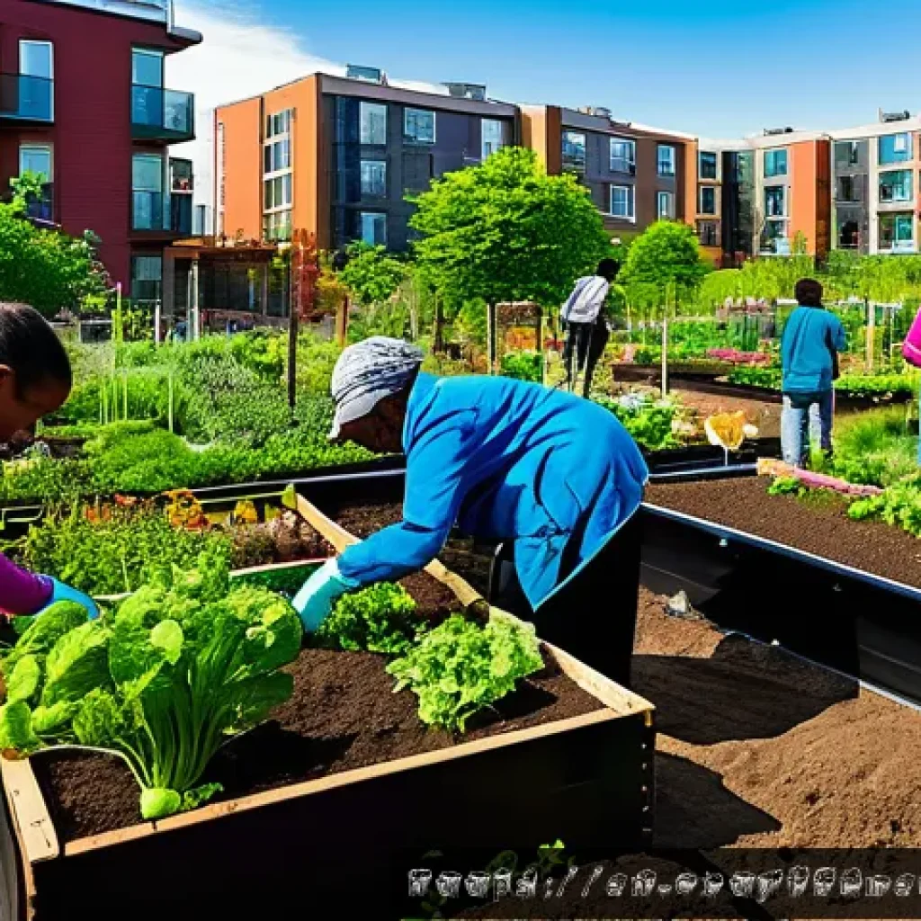 도시농업 도시 내 유휴지 활용 - A vibrant urban community garden scene in a city neighborhood, showing diverse people of all ages wo...
