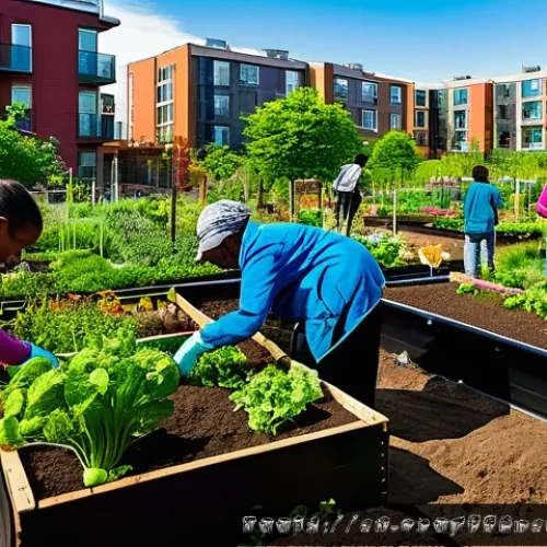 도시농업 도시 내 유휴지 활용 - A vibrant urban community garden scene in a city neighborhood, showing diverse people of all ages wo...