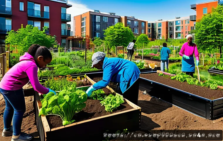 도시농업 도시 내 유휴지 활용 - A vibrant urban community garden scene in a city neighborhood, showing diverse people of all ages wo...