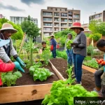 도시농업 도시 복원력 - A vibrant community garden in a diverse urban neighborhood during daytime, showing people of various...