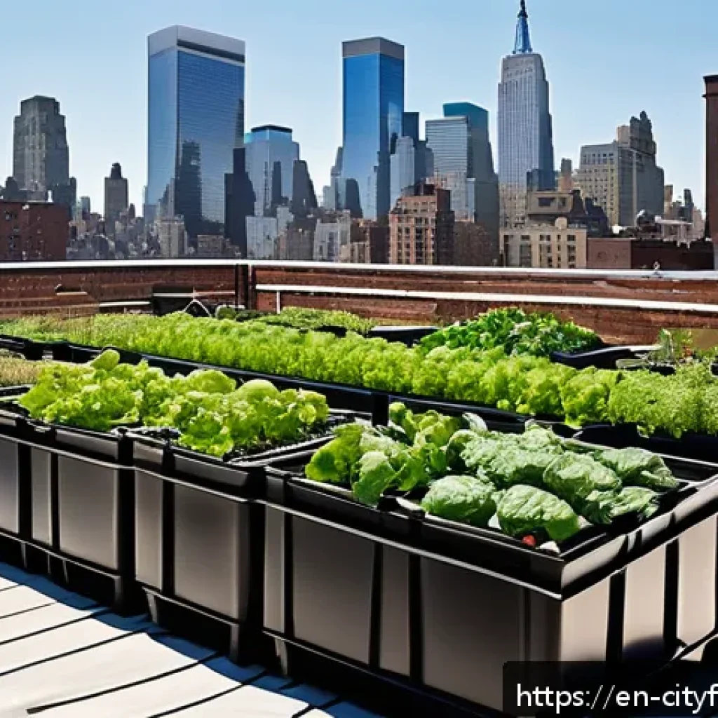 도시농업의 미래 예측 - A vibrant urban rooftop garden atop a modern New York City building during a sunny day, featuring ra...
