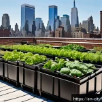 도시농업의 미래 예측 - A vibrant urban rooftop garden atop a modern New York City building during a sunny day, featuring ra...