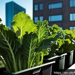 Home 19 도시농업 기후에 적합한 작물 선정 - A vibrant urban balcony garden featuring resilient leafy greens like kale, Swiss chard, and spinach ...