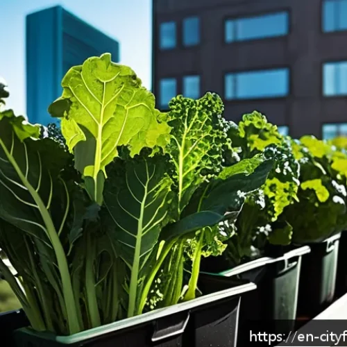 Home 31 도시농업 기후에 적합한 작물 선정 - A vibrant urban balcony garden featuring resilient leafy greens like kale, Swiss chard, and spinach ...