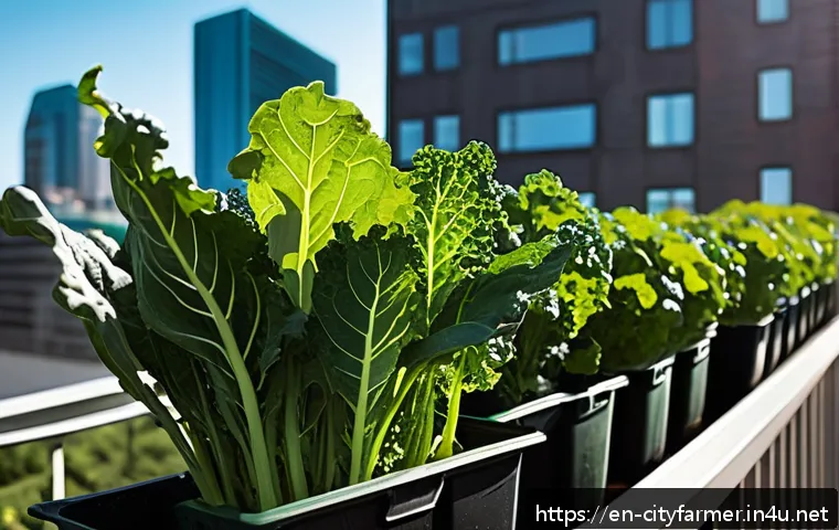 도시농업 기후에 적합한 작물 선정 - A vibrant urban balcony garden featuring resilient leafy greens like kale, Swiss chard, and spinach ...