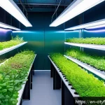 Home 18 도시농업 농업 경영 전략 - A futuristic urban vertical farm interior, showcasing multiple stacked layers of lush leafy greens, ...