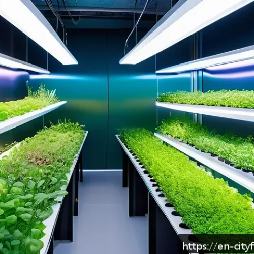 Home 30 도시농업 농업 경영 전략 - A futuristic urban vertical farm interior, showcasing multiple stacked layers of lush leafy greens, ...