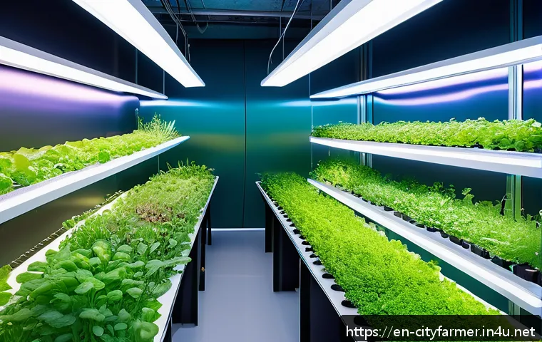 도시농업 농업 경영 전략 - A futuristic urban vertical farm interior, showcasing multiple stacked layers of lush leafy greens, ...