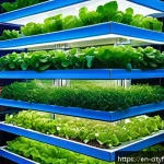 Home 23 도시농업 글로벌 동향 - A modern vertical farm inside a sleek urban skyscraper in New York City, showcasing multiple stacked...