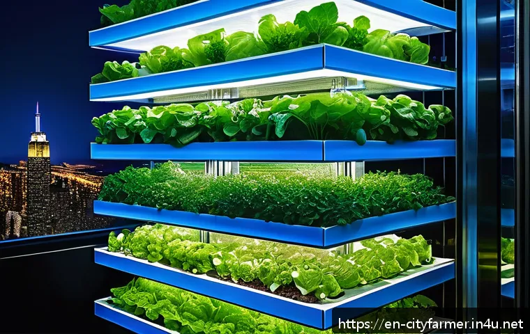 도시농업 글로벌 동향 - A modern vertical farm inside a sleek urban skyscraper in New York City, showcasing multiple stacked...