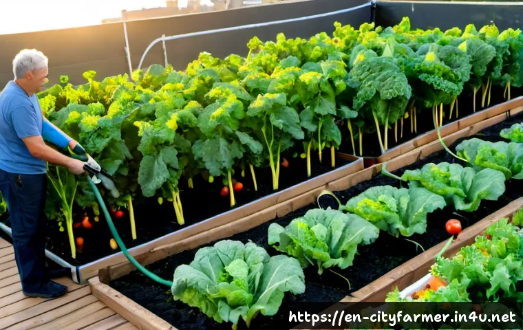 도시농업에서 사용하는 농약 대체법 - Photorealistic urban rooftop vegetable garden in a North American city, a middle-aged gardener gentl...