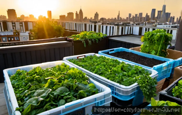 도시농업 재사용 가능한 포장재 - Photorealistic urban rooftop garden at sunrise, a diverse city gardener harvesting leafy greens into...