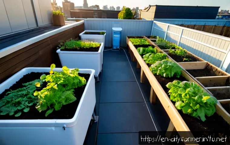 도시농업 화장실에서 나오는 유기물 재활용 - Photorealistic urban rooftop garden with a modern urine-diverting compost toilet beside raised veget...