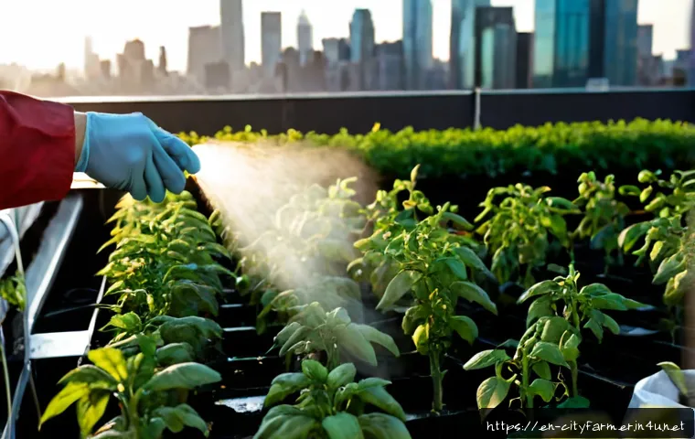 도시농업에서 사용하는 식물 성장 조절제 - Photorealistic urban rooftop greenhouse, a horticulturist in clean work clothes and protective glove...