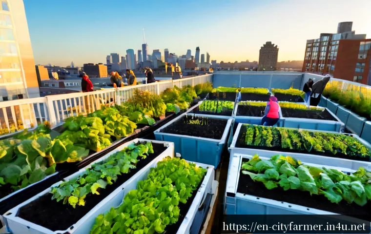 도시농업의 사회적 가치를 높이는 방법 - Photorealistic community rooftop garden in a North American city, diverse neighbors including senior...